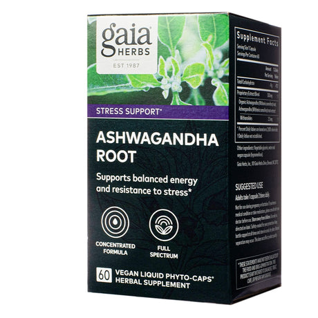 A green and black box of Gaia Herbs Ashwagandha Root supplement labeled “Stress Support.” The box emphasizes a concentrated, full-spectrum formula that supports balanced energy and stress resistance. Contains 60 vegan liquid phyto-caps.