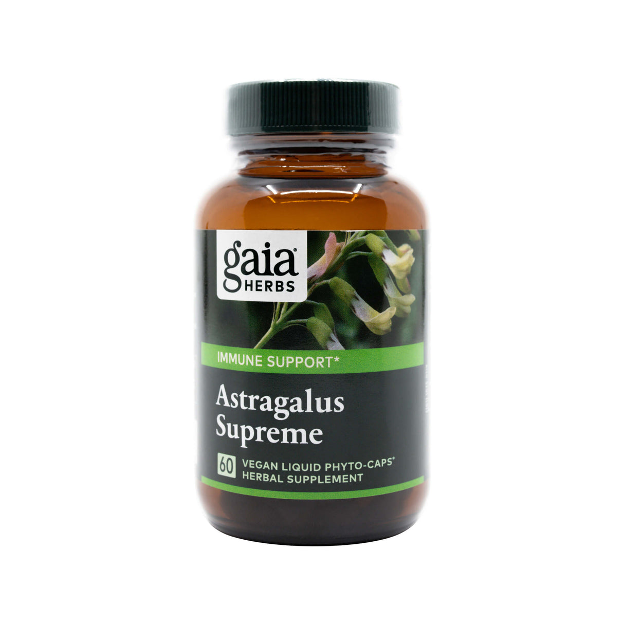 A brown bottle of Gaia Herbs Astragalus Supreme supplement with a green cap and label. The product is labeled “Immune Support” and contains 60 vegan liquid phyto-caps designed to support immune system health.