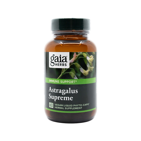A brown bottle of Gaia Herbs Astragalus Supreme supplement with a green cap and label. The product is labeled “Immune Support” and contains 60 vegan liquid phyto-caps designed to support immune system health.