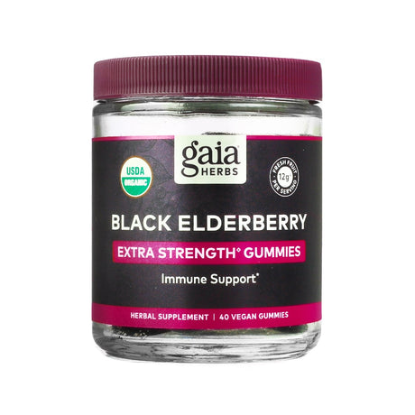 A clear jar of Gaia Herbs Black Elderberry Extra Strength Gummies with a deep purple lid and bold magenta label accents. This immune support supplement is USDA Organic, contains 12g of fresh fruit per serving, and includes 40 vegan gummies, a 20-day supply.