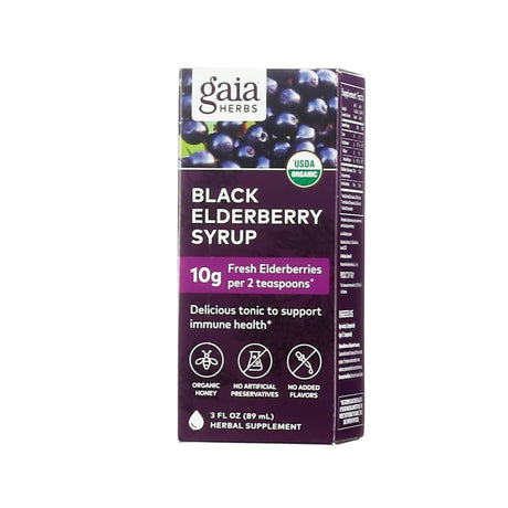 Front-facing image of Gaia Herbs Black Elderberry Syrup box in a 3 fl oz size. The packaging highlights 10g of fresh elderberries per 2 teaspoons, USDA Organic certification, and benefits for immune health, with icons for organic honey, no preservatives, and no added flavors.