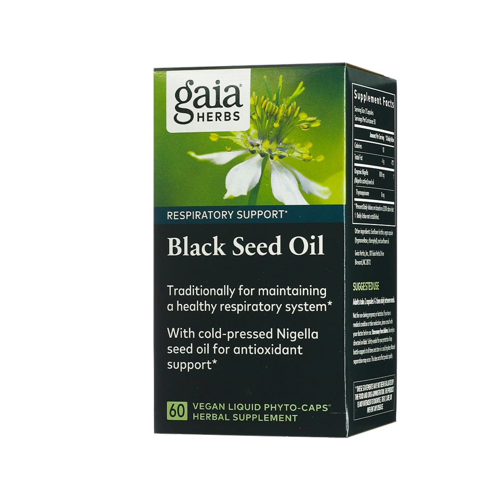 Front of Gaia Herbs Black Seed Oil supplement box with 60 vegan liquid phyto-caps. The packaging highlights respiratory support benefits, featuring cold-pressed Nigella seed oil for antioxidant support and a photo of a white Nigella flower above the label.