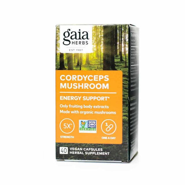 Gaia Herbs Cordyceps Mushroom 40 vegan capsules box for energy support, featuring an orange label stating "Only fruiting body extracts" and "Made with organic mushrooms." The packaging also shows icons for 5X strength, one-a-day dosage, and Non-GMO Project Verified, set against a forest background.