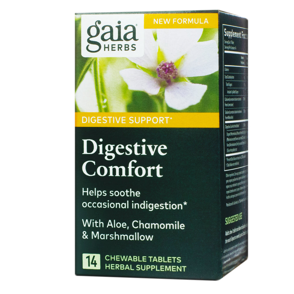 Gaia Herbs Digestive Comfort herbal supplement box with 14 chewable tablets, labeled for digestive support. The front highlights its benefits for soothing occasional indigestion and features ingredients including aloe, chamomile, and marshmallow, with a floral image in the background and a yellow "New Formula" banner.