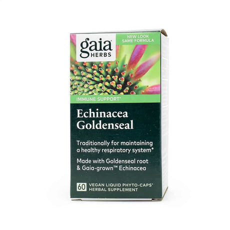 Gaia Herbs Echinacea Goldenseal herbal supplement box containing 60 vegan liquid phyto-caps, designed for immune support. The front highlights its traditional use for maintaining a healthy respiratory system and includes Goldenseal root and Gaia-grown™ Echinacea, with a close-up image of a blooming echinacea flower.