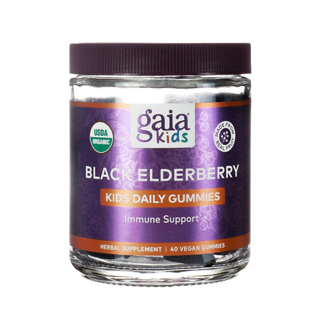 Gaia Kids Black Elderberry Kids Daily Gummies in a 40-count jar, labeled for immune support. The purple and orange packaging features USDA Organic certification and highlights that the gummies are made from real fruit and are vegan.
