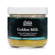 Gaia Herbs Golden Milk herbal supplement in a 4.3 oz (123 g) glass jar with a white lid, featuring a dark teal label. Made with organic turmeric, ashwagandha, and dates, this vegan and dairy-free powder supports wellness with traditional Ayurvedic ingredients.