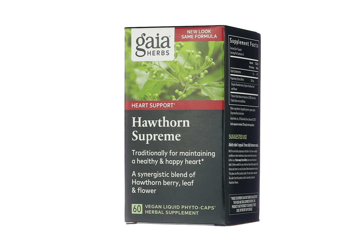 Gaia Herbs Hawthorn Supreme 60-capsule box for heart support, promoting a healthy and happy heart with a synergistic blend of hawthorn berry, leaf, and flower. The packaging highlights it as a vegan liquid phyto-cap herbal supplement with a new look but the same formula.