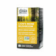 Box of Gaia Herbs Lion’s Mane Mushroom supplement featuring a forest background and bright orange label. Promotes brain and nerve support with only fruiting body extracts from organic mushrooms; contains 40 vegan capsules and is Non-GMO Project Verified.