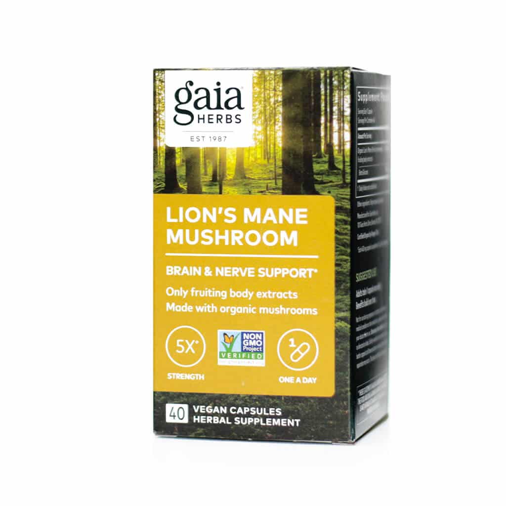 Box of Gaia Herbs Lion’s Mane Mushroom supplement featuring a forest background and bright orange label. Promotes brain and nerve support with only fruiting body extracts from organic mushrooms; contains 40 vegan capsules and is Non-GMO Project Verified.