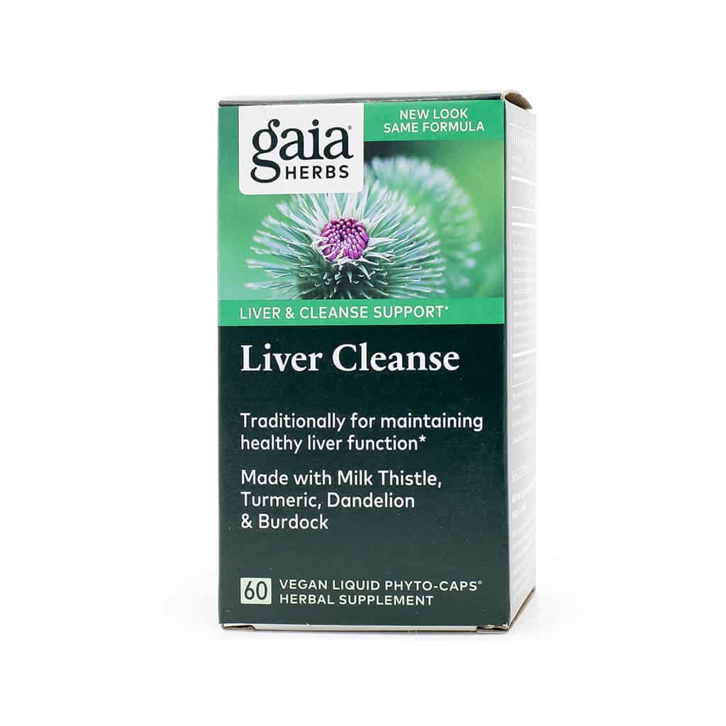 Box of Gaia Herbs Liver Cleanse supplement with green and purple labeling and an image of a milk thistle flower. Promotes healthy liver function using ingredients like milk thistle, turmeric, dandelion, and burdock; contains 60 vegan liquid phyto-caps.