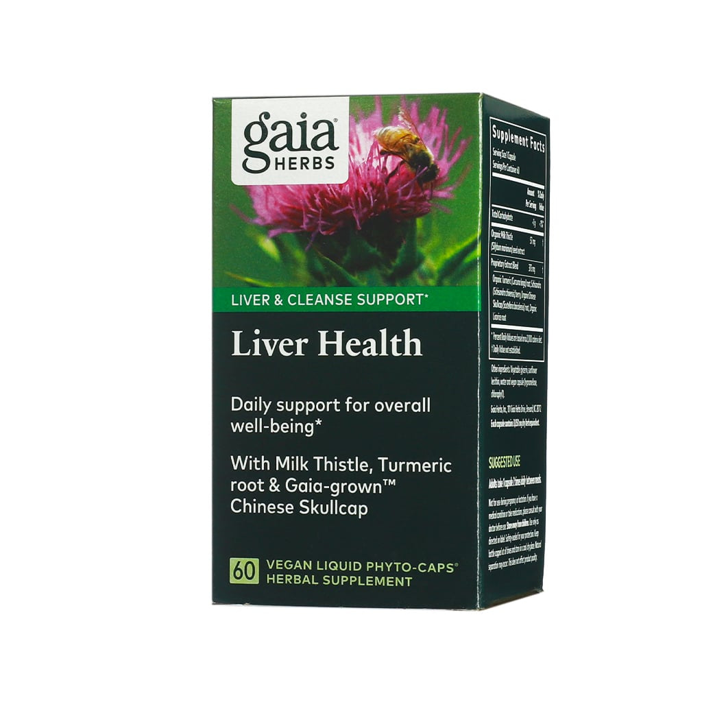 Box of Gaia Herbs Liver Health supplement featuring a blooming milk thistle flower with a bee. Promotes daily liver and overall wellness with ingredients like milk thistle, turmeric root, and Chinese skullcap; contains 60 vegan liquid phyto-caps.