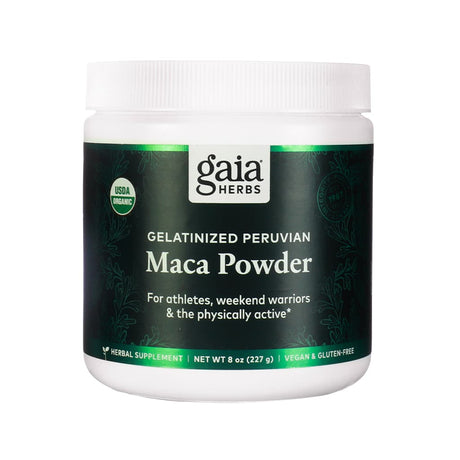 White plastic container of Gaia Herbs Gelatinized Peruvian Maca Powder with a dark green label. Text on the label highlights it's USDA organic and designed “for athletes, weekend warriors & the physically active.” The container is 8 oz (227 g), and it is labeled as vegan, gluten-free, and an herbal supplement.
