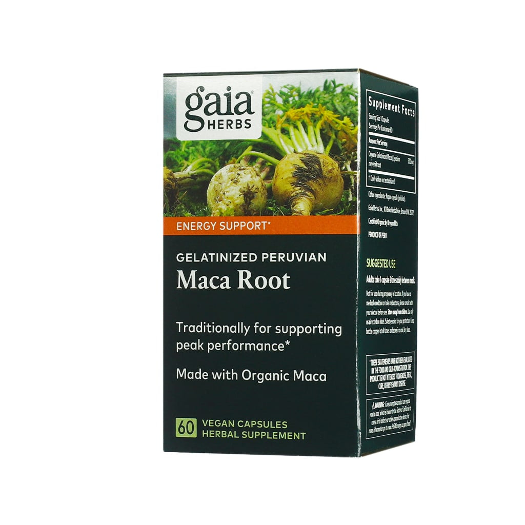 Box of Gaia Herbs Gelatinized Peruvian Maca Root supplement, featuring an image of harvested maca roots. Designed for energy support and traditionally used to enhance peak performance, it is made with organic maca and contains 60 vegan capsules.