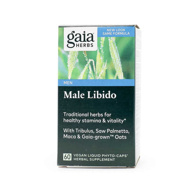 Box of Gaia Herbs Male Libido supplement with an image of oat stalks, promoting traditional herbs for healthy stamina and vitality. Contains Tribulus, Saw Palmetto, Maca, and Gaia-grown oats; includes 60 vegan liquid phyto-caps.