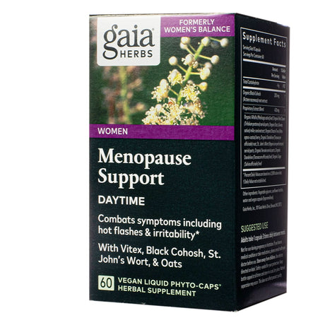 Box of Gaia Herbs Menopause Support Daytime supplement for women, formerly known as Women's Balance. Contains 60 vegan liquid phyto-caps with Vitex, Black Cohosh, St. John’s Wort, and Oats to help combat symptoms like hot flashes and irritability.