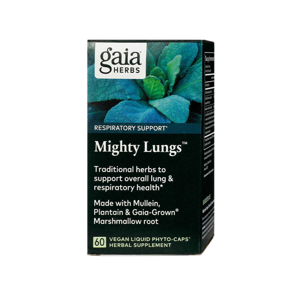 Box of Gaia Herbs Mighty Lungs supplement featuring 60 vegan liquid phyto-caps. Designed for respiratory support, it contains traditional herbs like mullein, plantain, and Gaia-grown® marshmallow root to promote lung and respiratory health.