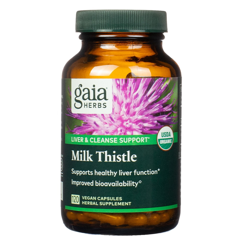 Amber bottle of Gaia Herbs Milk Thistle, labeled as a liver and cleanse support herbal supplement. Contains 120 vegan capsules, supports healthy liver function with improved bioavailability, and is USDA Organic certified with a prominent purple milk thistle flower image on the label.