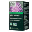 Box of Gaia Herbs Milk Thistle 60 vegan capsules for liver and cleanse support, highlighting USDA organic certification and non-GMO verification. The label features a purple milk thistle flower and text noting benefits for liver function and improved bioavailability.
