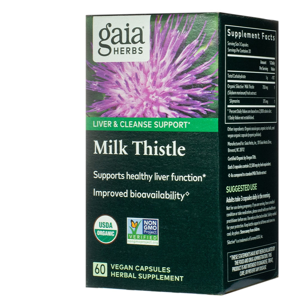 Box of Gaia Herbs Milk Thistle 60 vegan capsules for liver and cleanse support, highlighting USDA organic certification and non-GMO verification. The label features a purple milk thistle flower and text noting benefits for liver function and improved bioavailability.