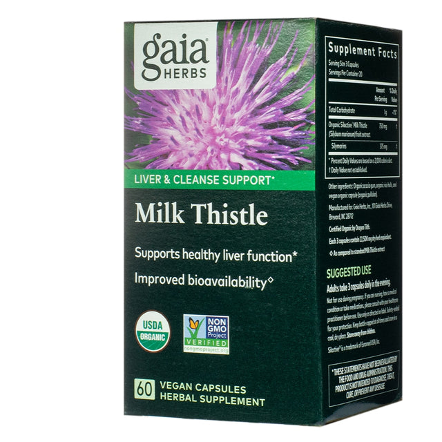 Box of Gaia Herbs Milk Thistle 60 vegan capsules for liver and cleanse support, highlighting USDA organic certification and non-GMO verification. The label features a purple milk thistle flower and text noting benefits for liver function and improved bioavailability.