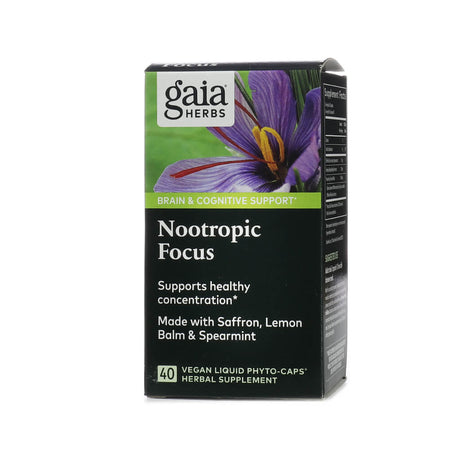 Box of Gaia Herbs Nootropic Focus supplement with 40 vegan liquid phyto-caps, designed for brain and cognitive support. The label highlights ingredients like saffron, lemon balm, and spearmint, and claims to support healthy concentration.