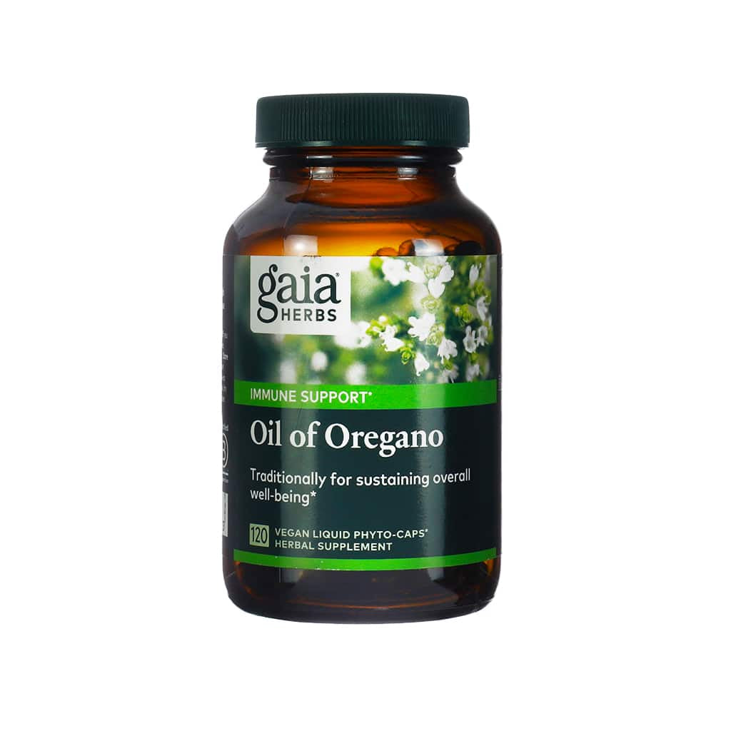 Amber bottle of Gaia Herbs Oil of Oregano, an herbal supplement with 120 vegan liquid phyto-caps. The label notes it supports immune health and has been traditionally used for sustaining overall well-being, featuring an image of oregano flowers.