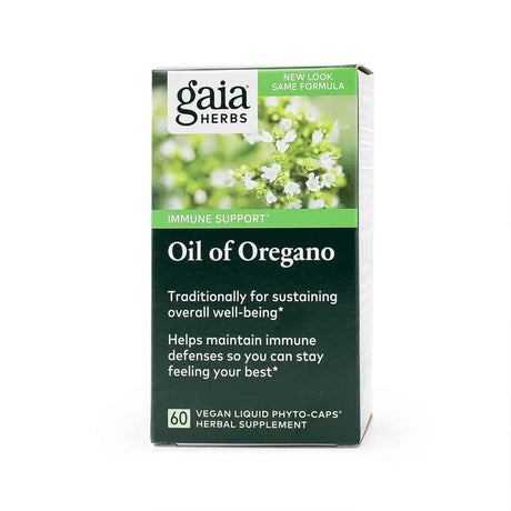 Box of Gaia Herbs Oil of Oregano with a green and white design, oregano flower imagery, and text highlighting immune support and wellness. Contains 60 vegan liquid phyto-caps herbal supplements.