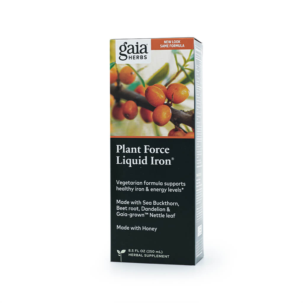 ront of a box of Gaia Herbs PlantForce Liquid Iron supplement, featuring bright orange berries and green foliage. The label highlights support for healthy iron and energy levels, made with sea buckthorn, beet root, dandelion, and Gaia-grown nettle leaf, sweetened with honey.