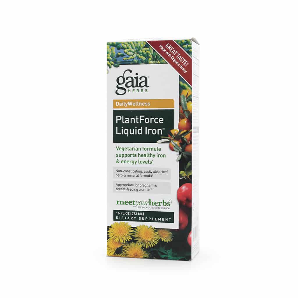 Box of Gaia Herbs PlantForce Liquid Iron dietary supplement, containing 16 fl oz (473 mL). The label highlights a vegetarian formula made with organic honey to support healthy iron and energy levels, and is safe for pregnant and breastfeeding women; features colorful botanical imagery.