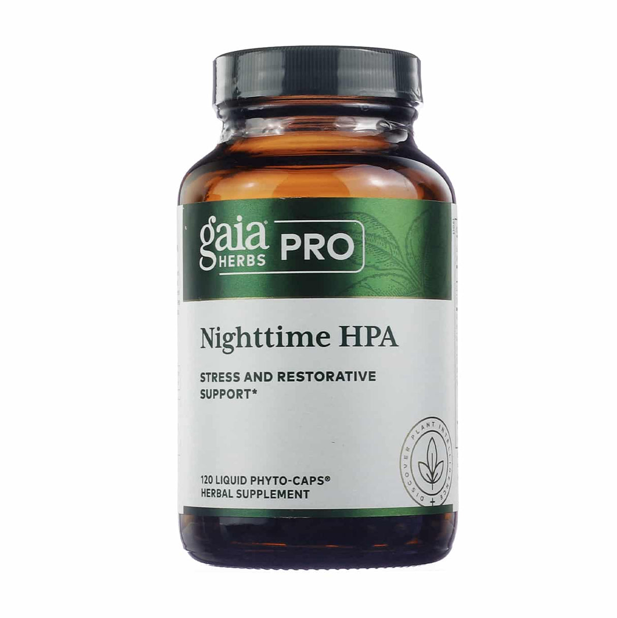 Amber glass bottle of Gaia Herbs Professional Nighttime HPA, featuring a green and white label with the text "Stress and Restorative Support." Contains 120 liquid phyto-caps and is marketed as a herbal supplement for nighttime stress relief.