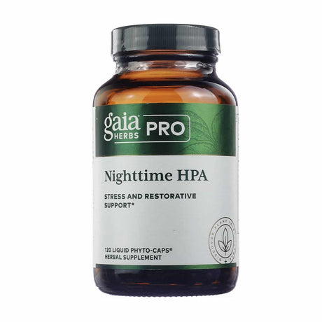 Amber glass bottle of Gaia Herbs Professional Nighttime HPA, featuring a green and white label with the text "Stress and Restorative Support." Contains 120 liquid phyto-caps and is marketed as a herbal supplement for nighttime stress relief.