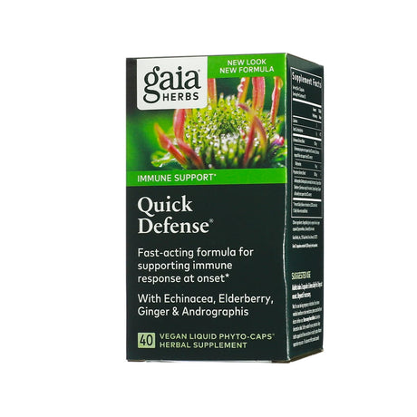 Front-facing box of Gaia Herbs Quick Defense, a vegan herbal supplement for immune support. Contains 40 liquid phyto-caps with echinacea, elderberry, ginger, and andrographis, marketed as a fast-acting formula for immune response at onset.