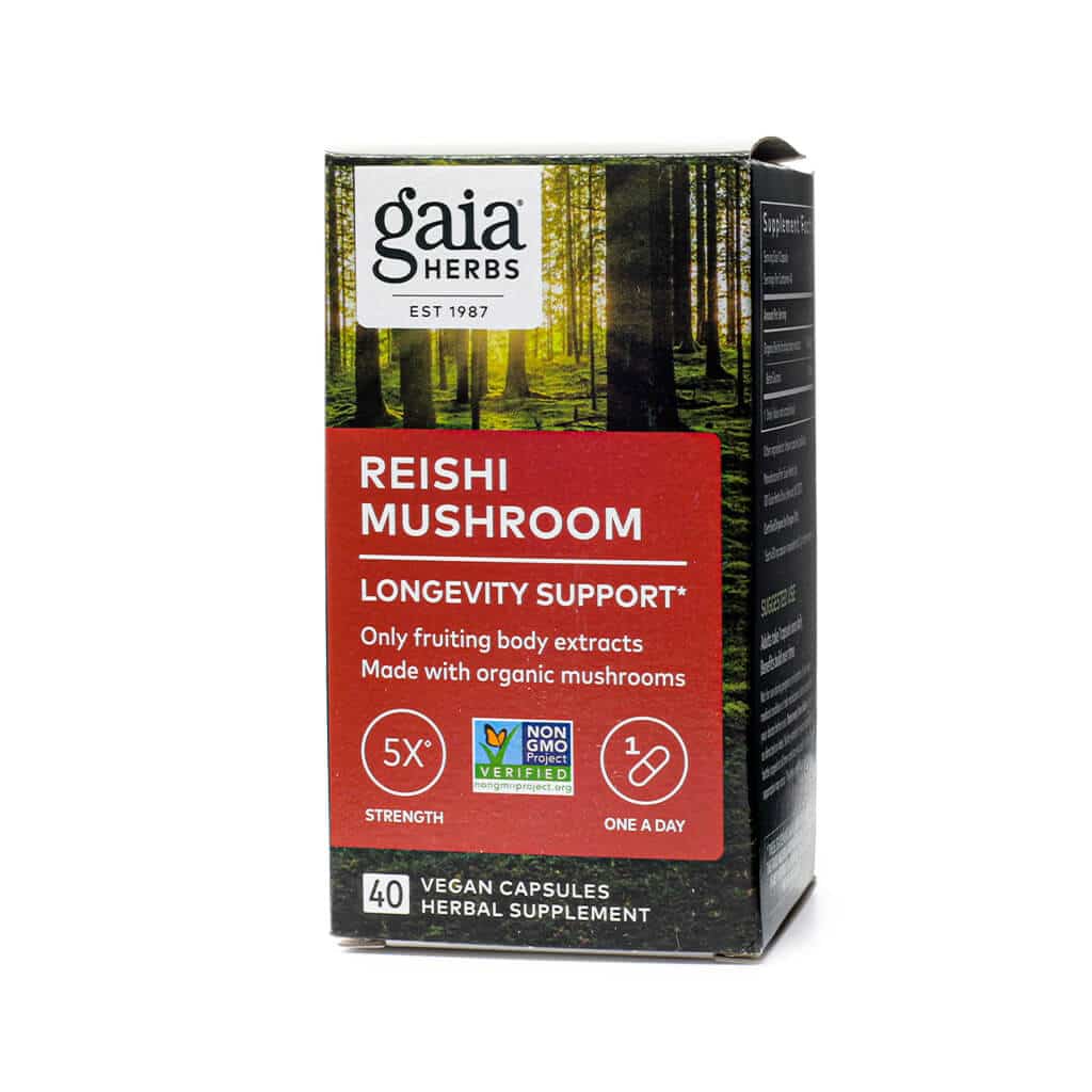 Front of a Gaia Herbs Reishi Mushroom supplement box promoting longevity support. The label highlights that it contains only fruiting body extracts from organic mushrooms, offers 5× strength, and is intended as a once-daily vegan capsule.