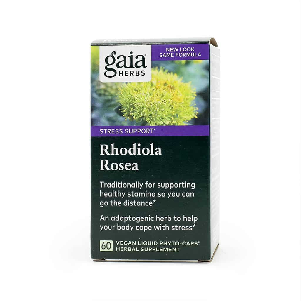 Box of Gaia Herbs Rhodiola Rosea vegan liquid phyto-caps featuring a yellow flowering plant image and labeled for stress support. The packaging highlights traditional use for healthy stamina and stress resilience, describing Rhodiola as an adaptogenic herb to help the body cope with stress.