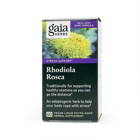 Box of Gaia Herbs Rhodiola Rosea vegan liquid phyto-caps featuring a yellow flowering plant image and labeled for stress support. The packaging highlights traditional use for healthy stamina and stress resilience, describing Rhodiola as an adaptogenic herb to help the body cope with stress.