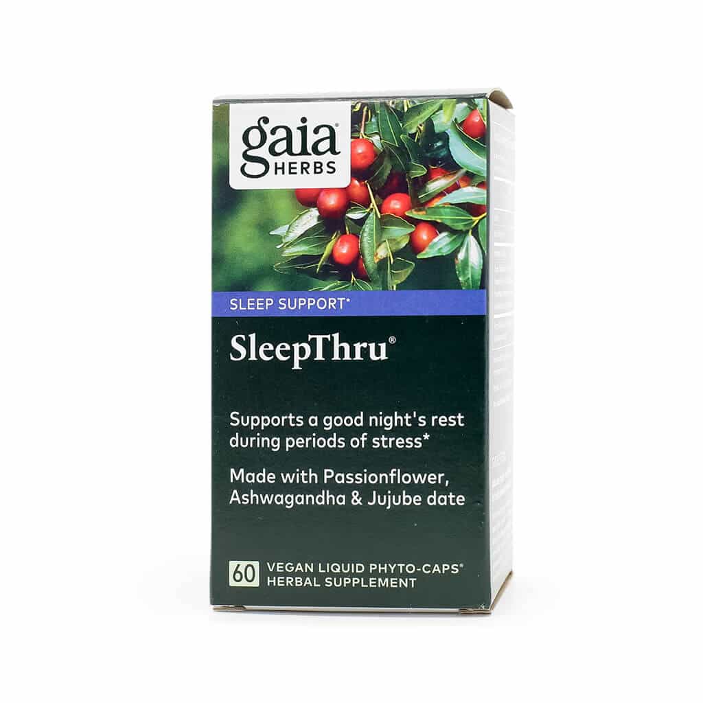Box of Gaia Herbs SleepThru, a herbal supplement designed to support restful sleep during stressful periods. Contains Passionflower, Ashwagandha, and Jujube date, with 60 vegan liquid phyto-caps.