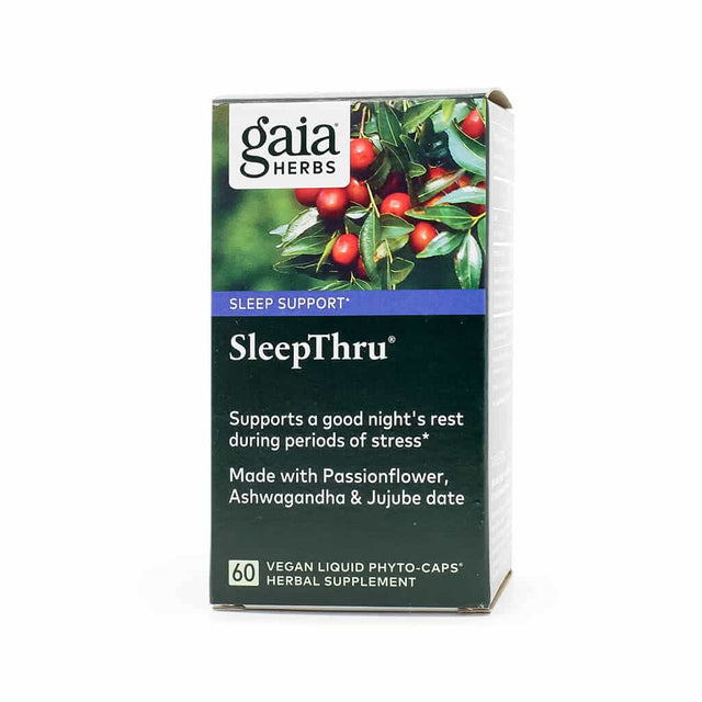 Box of Gaia Herbs SleepThru, a herbal supplement designed to support restful sleep during stressful periods. Contains Passionflower, Ashwagandha, and Jujube date, with 60 vegan liquid phyto-caps.