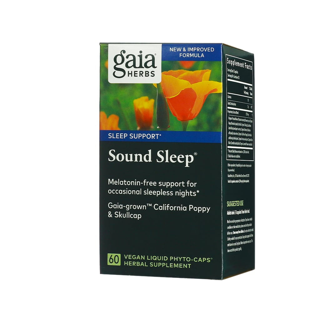 Box of Gaia Herbs Sound Sleep herbal supplement, offering melatonin-free support for occasional sleepless nights. Features Gaia-grown California Poppy and Skullcap, with 60 vegan liquid phyto-caps.