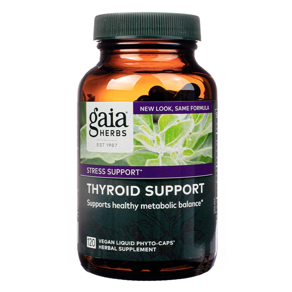 Amber bottle of Gaia Herbs Thyroid Support, a stress support herbal supplement with 120 vegan liquid phyto-caps. The label highlights its role in supporting healthy metabolic balance and features a botanical illustration with a "New Look, Same Formula" banner.
