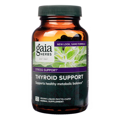 Amber bottle of Gaia Herbs Thyroid Support, a stress support herbal supplement with 120 vegan liquid phyto-caps. The label highlights its role in supporting healthy metabolic balance and features a botanical illustration with a "New Look, Same Formula" banner.