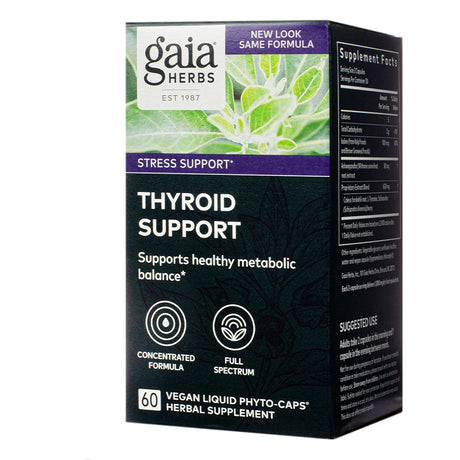 Packaging for Gaia Herbs Thyroid Support herbal supplement, formulated to support healthy metabolic balance. Includes 60 vegan liquid phyto-caps, labeled as a full-spectrum, concentrated formula under the Stress Support line.