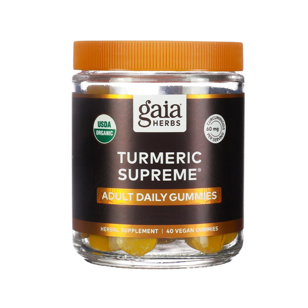 A clear jar of Gaia Herbs Turmeric Supreme Adult Daily Gummies, featuring a dark brown and orange label. The USDA Organic supplement provides 60 mg of curcuminoids per serving and includes 40 vegan gummies designed to support daily wellness.