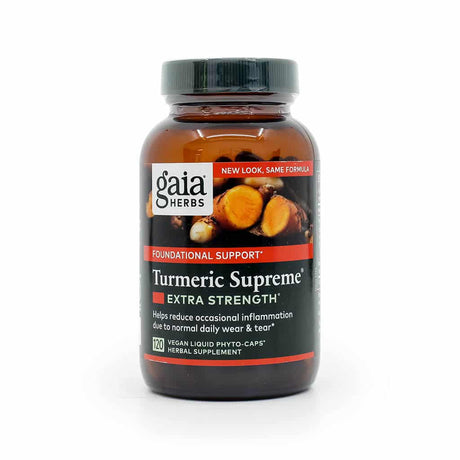 Amber bottle of Gaia Herbs Turmeric Supreme Extra Strength, containing 120 vegan liquid phyto-caps. The herbal supplement is designed for foundational support and helps reduce occasional inflammation from normal daily wear and tear, with a turmeric root image on the label.