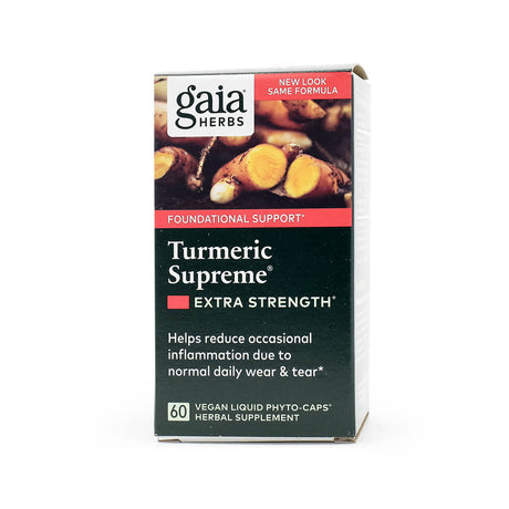 Front-facing box of Gaia Herbs Turmeric Supreme Extra Strength herbal supplement, labeled for foundational support. Features an image of turmeric root and claims to help reduce occasional inflammation from daily wear and tear. Contains 60 vegan liquid phyto-caps, and the top corner highlights “New Look, Same Formula.”