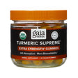 A jar of Gaia Herbs Turmeric Supreme Extra Strength Gummies with a bold black and orange label. This USDA Organic supplement offers 95 mg of curcuminoids per serving and promotes 24X absorption for greater bioavailability. Contains 60 vegan gummies formulated for powerful daily support.