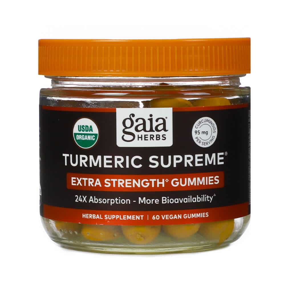 A jar of Gaia Herbs Turmeric Supreme Extra Strength Gummies with a bold black and orange label. This USDA Organic supplement offers 95 mg of curcuminoids per serving and promotes 24X absorption for greater bioavailability. Contains 60 vegan gummies formulated for powerful daily support.