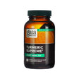 Amber glass bottle of Gaia Herbs Turmeric Supreme for joint health, featuring a bold black and orange label with green highlights. This herbal supplement contains 120 vegan liquid phyto-caps designed to support mobility and a healthy inflammatory response. Label notes “New Look, Same Formula.”