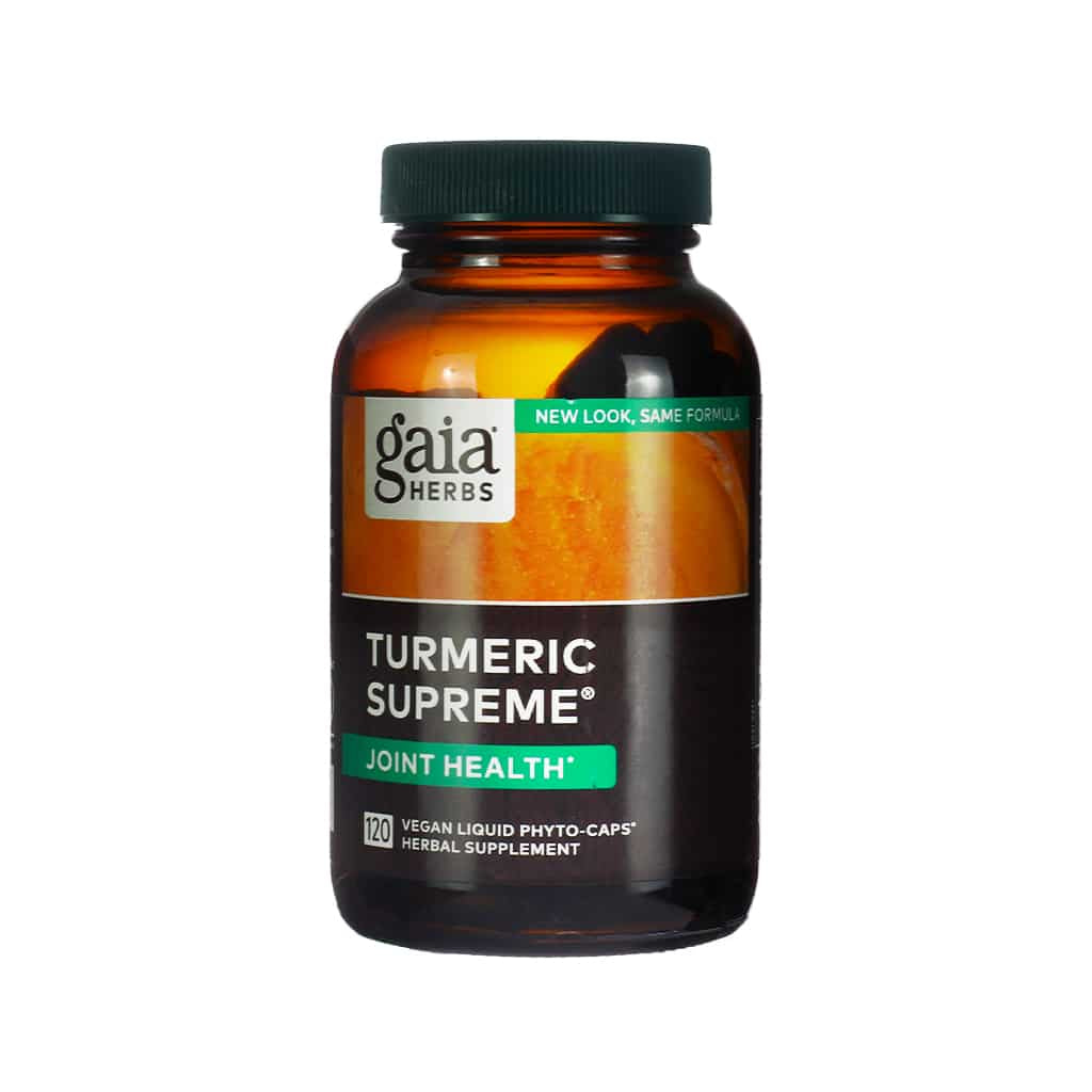 Amber glass bottle of Gaia Herbs Turmeric Supreme for joint health, featuring a bold black and orange label with green highlights. This herbal supplement contains 120 vegan liquid phyto-caps designed to support mobility and a healthy inflammatory response. Label notes “New Look, Same Formula.”