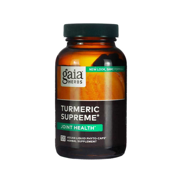 Amber glass bottle of Gaia Herbs Turmeric Supreme for joint health, featuring a bold black and orange label with green highlights. This herbal supplement contains 120 vegan liquid phyto-caps designed to support mobility and a healthy inflammatory response. Label notes “New Look, Same Formula.”